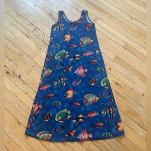 90s style Maxi Dress with Colorful Tropical Fish Print - Blue